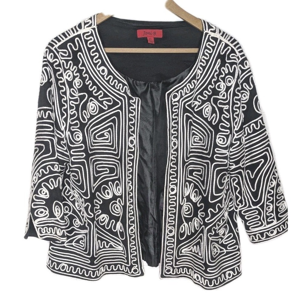 Joni B Womens Blazer XL Black White Boho 3/4 Sleeve Embroidered Statement Jacket